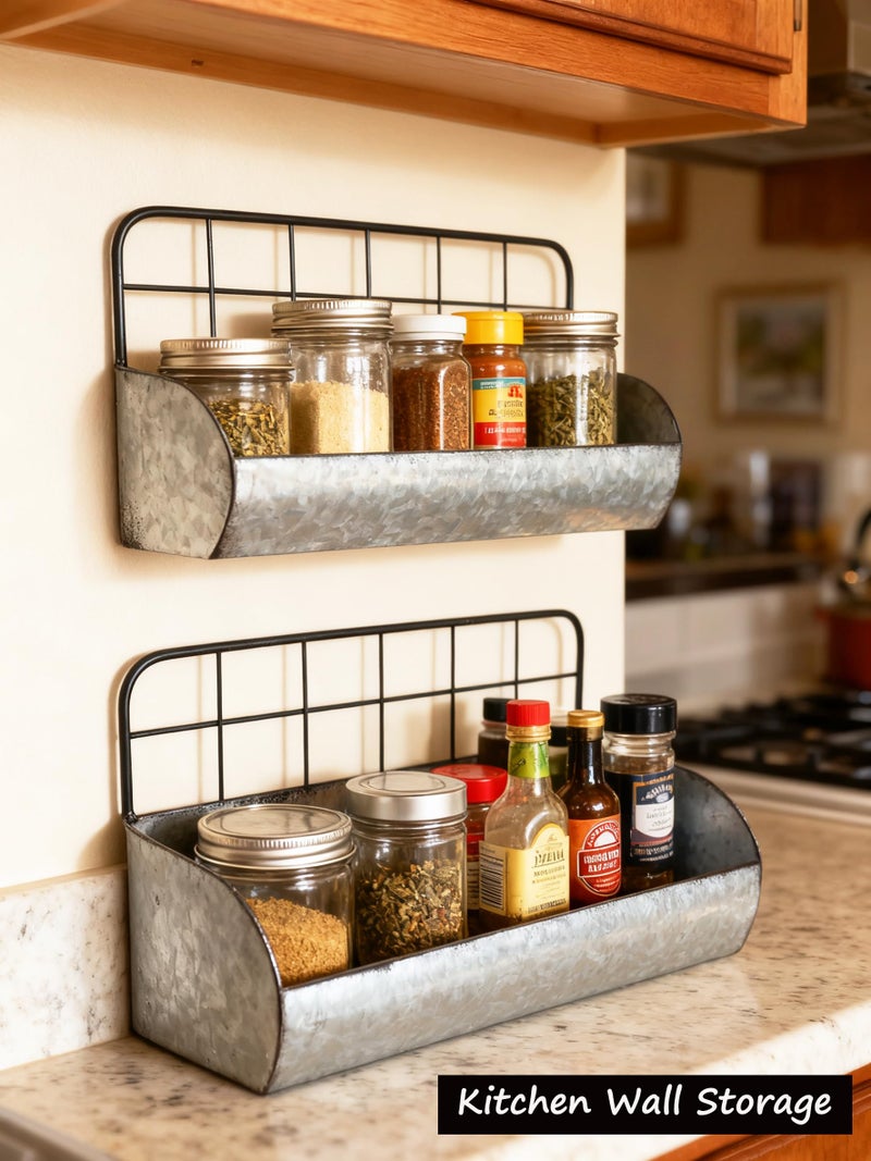 ShabbyDecor Galvanized Metal Farmhouse Wall Storage Holder Rustic Tin Shelves for Kitchen Laundry Room Bathroom Metal Hanging Wire Basket Set of 2 - Image 4